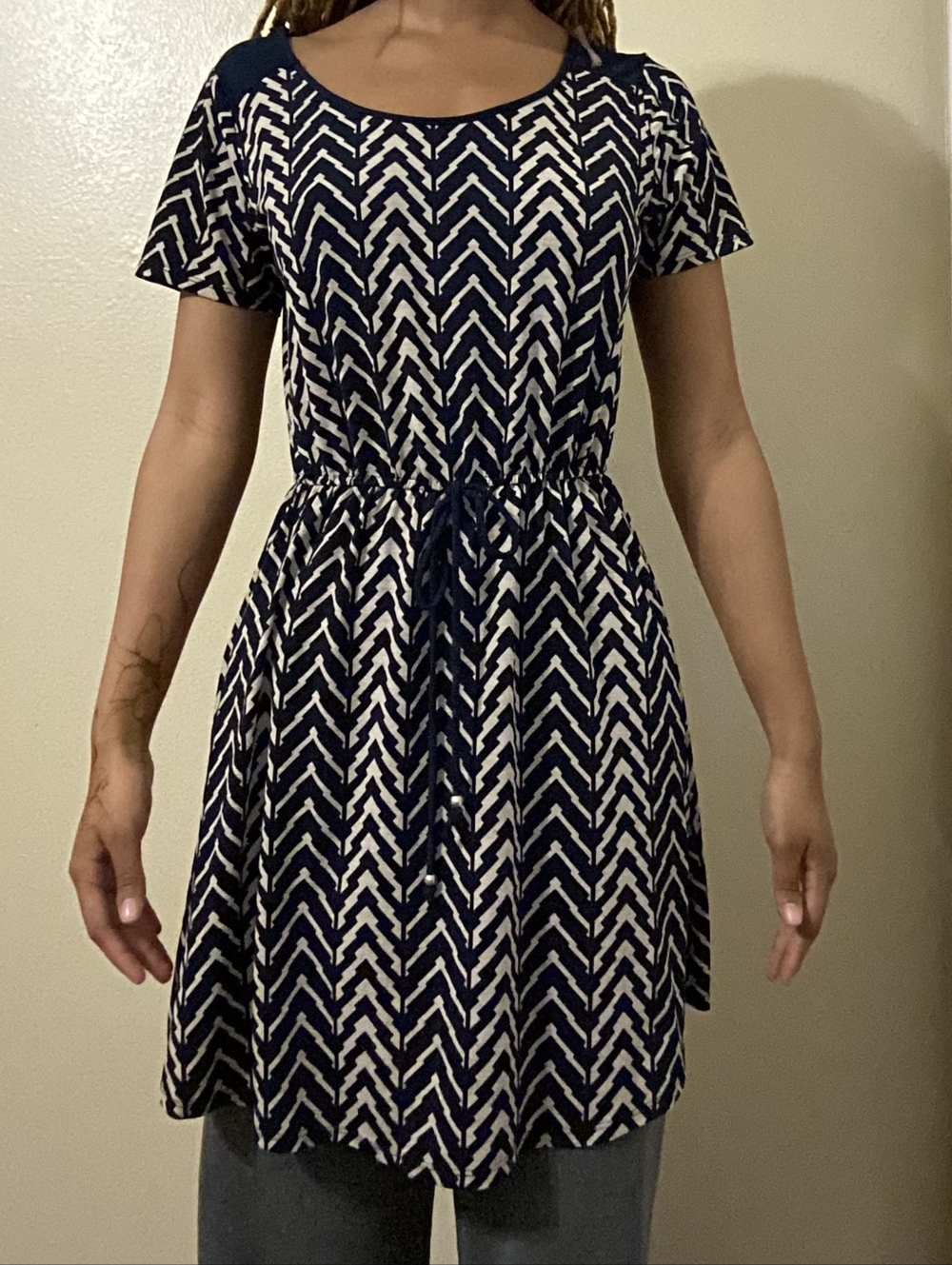 Navy and Cream Chevron Drawstring Mini Dress